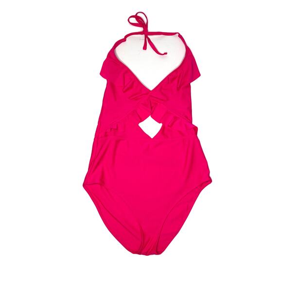 Aerie Ruffle One-Piece Full Coverage Halter Swimsuit Bright Neon Pink Large - Picture 5 of 11
